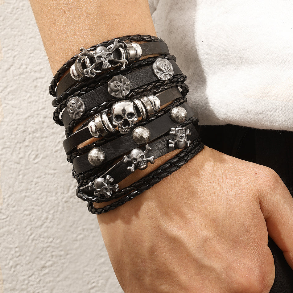 Skull Leather Bracelet – Halloween Punk Style for Men