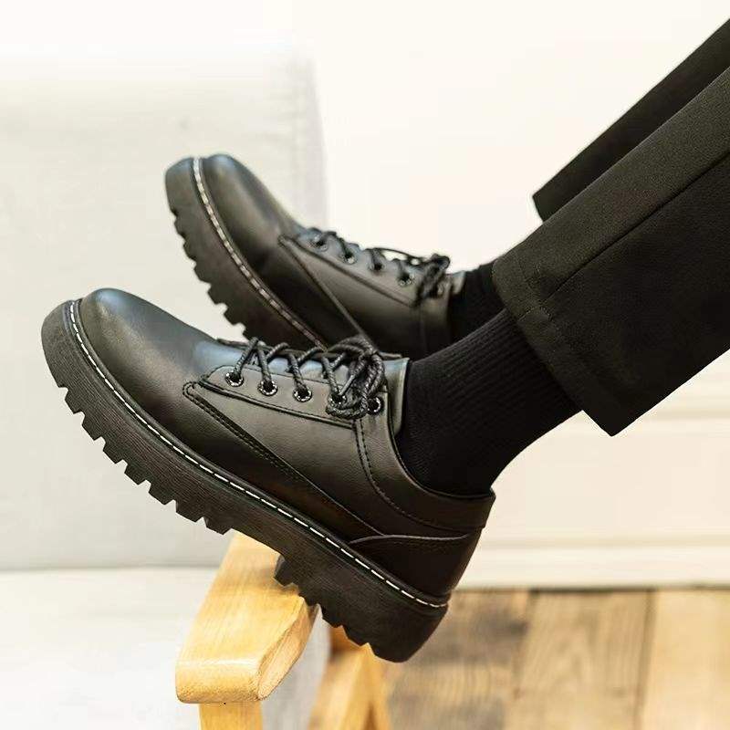 Men's Korean Style Black Leather Shoes Lace-Up Casual