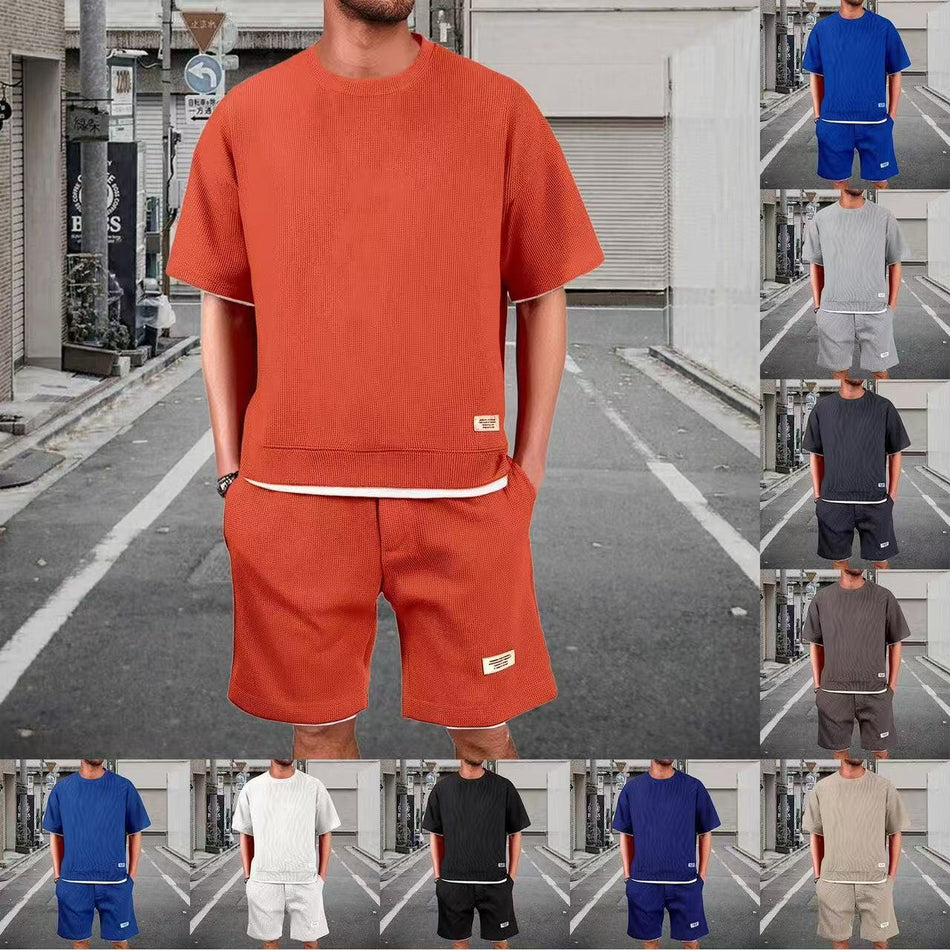 Men’s Summer Waffle Round Neck Two-Piece Suit