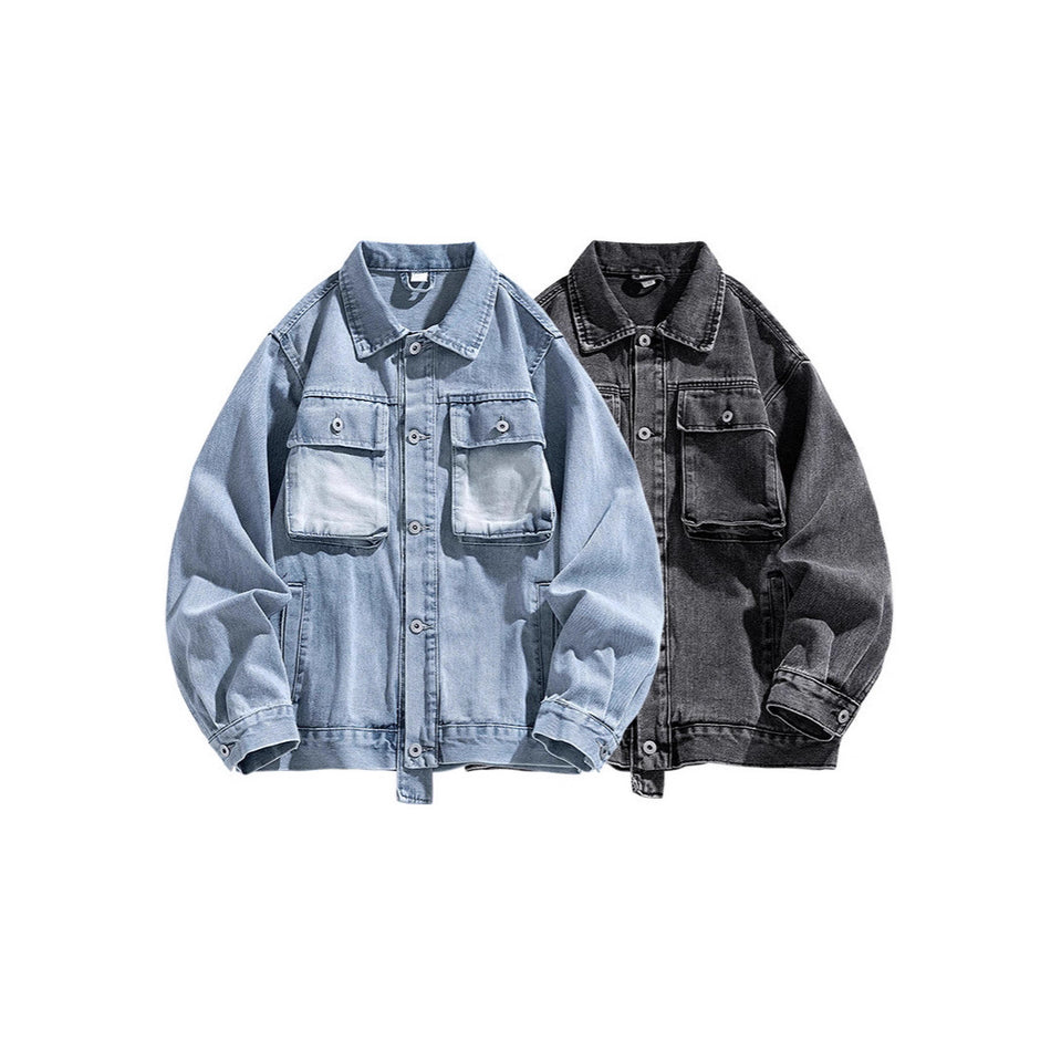 Men’s Multi-Pocket Denim Jacket – Washed Casual Cardigan