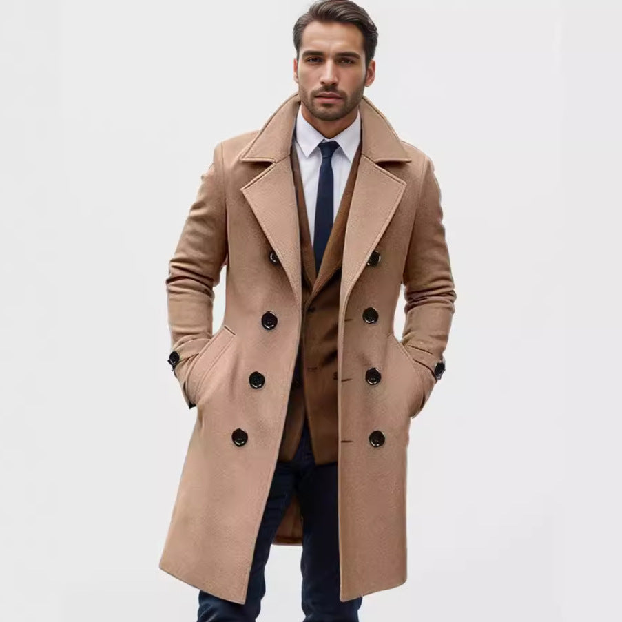 Men’s Slim Fit Double-Breasted Wool Coat – Mid-Length European Style