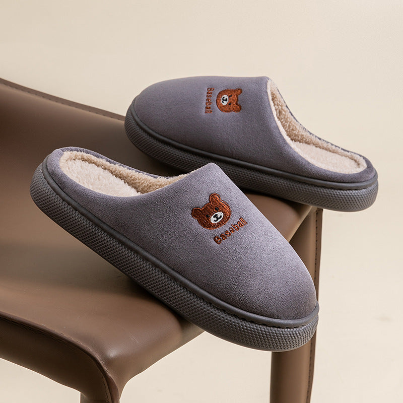 Autumn & Winter Plush Cotton Slippers – Cute Cartoon Bear Indoor Shoes