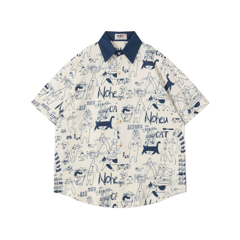 Harajuku Style Hand-Painted Cat Graffiti Short Sleeve Shirt