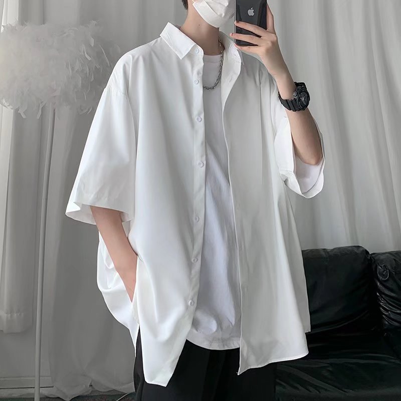 Ice Silk Short-Sleeved Shirt  Trendy Solid Color Top