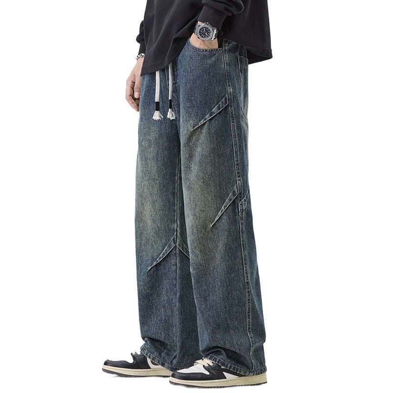 Men's Retro Wide-Leg Jeans – Elastic Waist, Street Style
