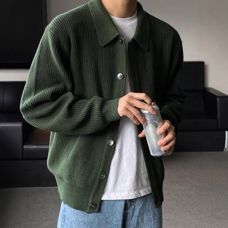 Men's Dark Green Lapel Cardigan – Autumn Winter Korean Style