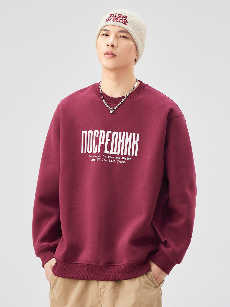 420g American Style Printed Crew Neck Sweater Men Loose Wear