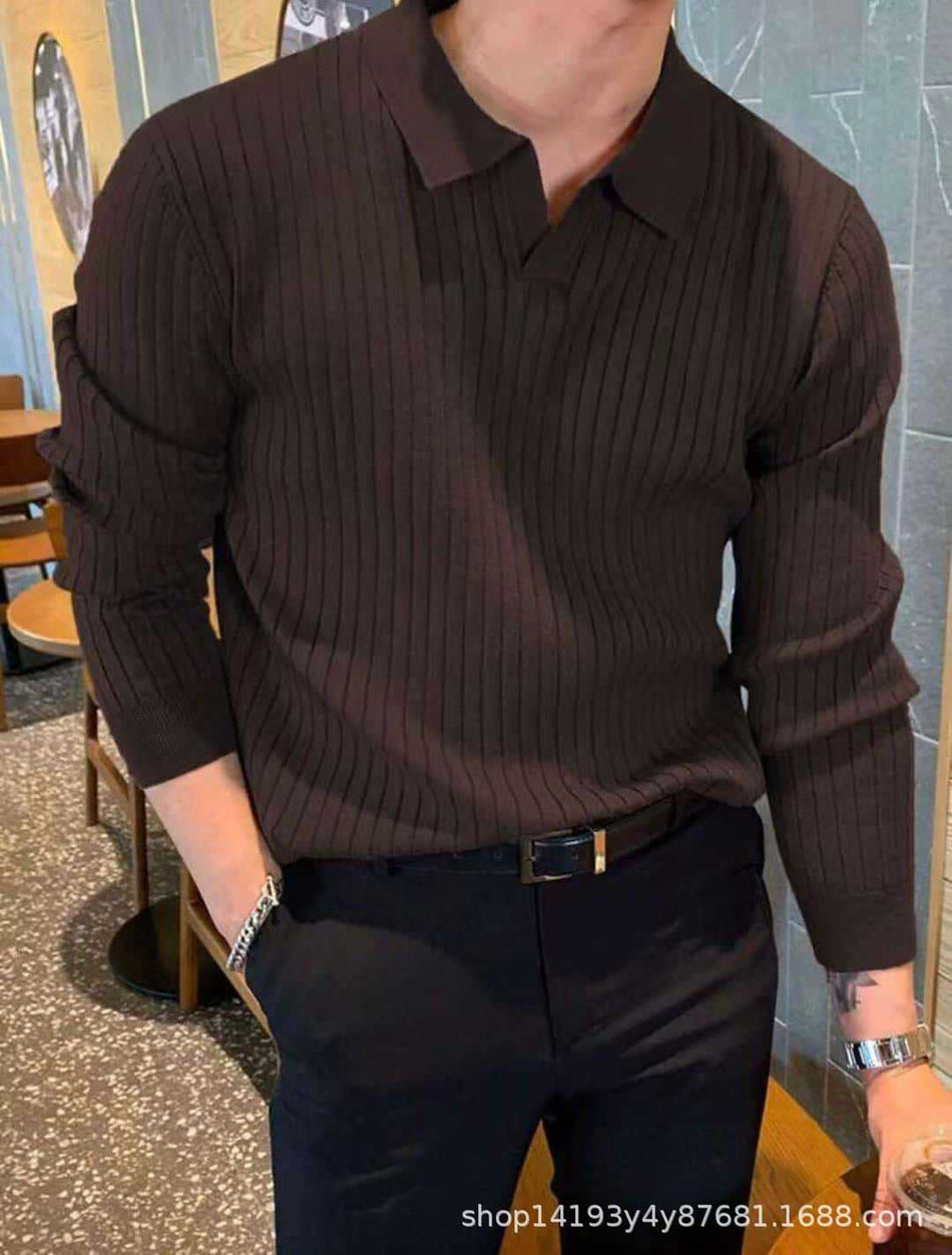 Men's Lapel Knitted Sweater Long Sleeve Casual Shirt