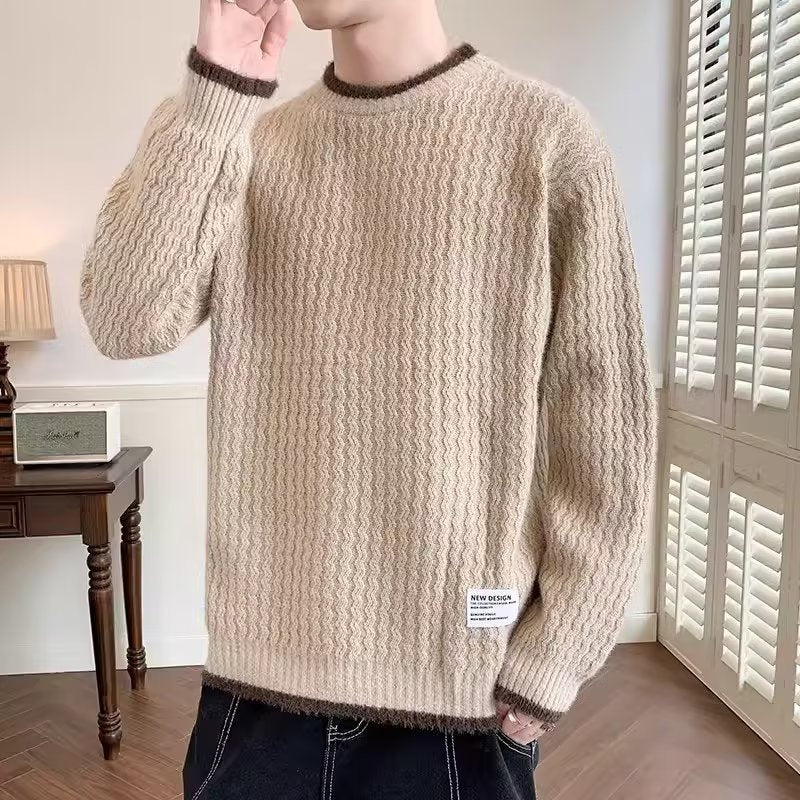 Trendy Men’s Loose Solid Color Round Neck Pullover Knitwear