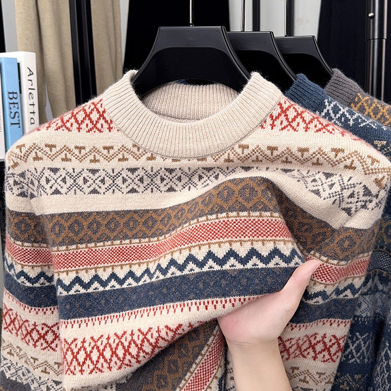 Men's Ethnic Jacquard Half-Turtleneck Retro Wave Sweater