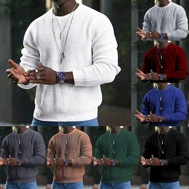 Men Solid Color Waffle Round Neck Cotton Pullover Sweater