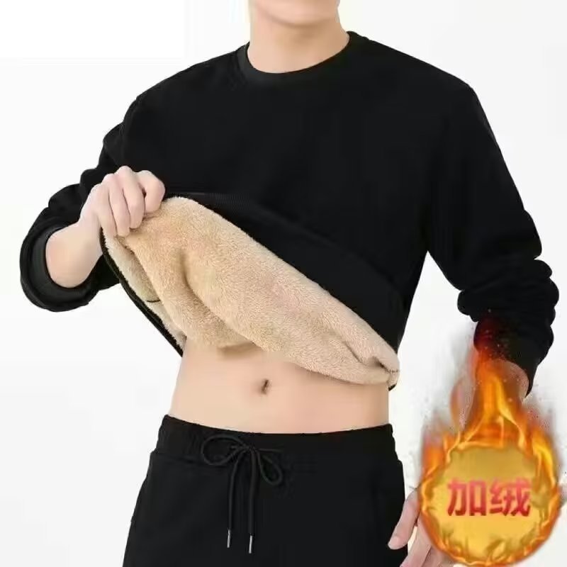 Fleece-Lined Lambskin Crewneck Sweatshirt Men Loose Black