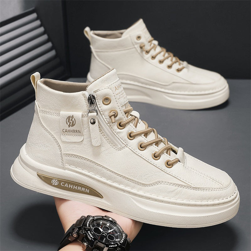 2024 Men’s High-Top Leather Casual White Sneakers