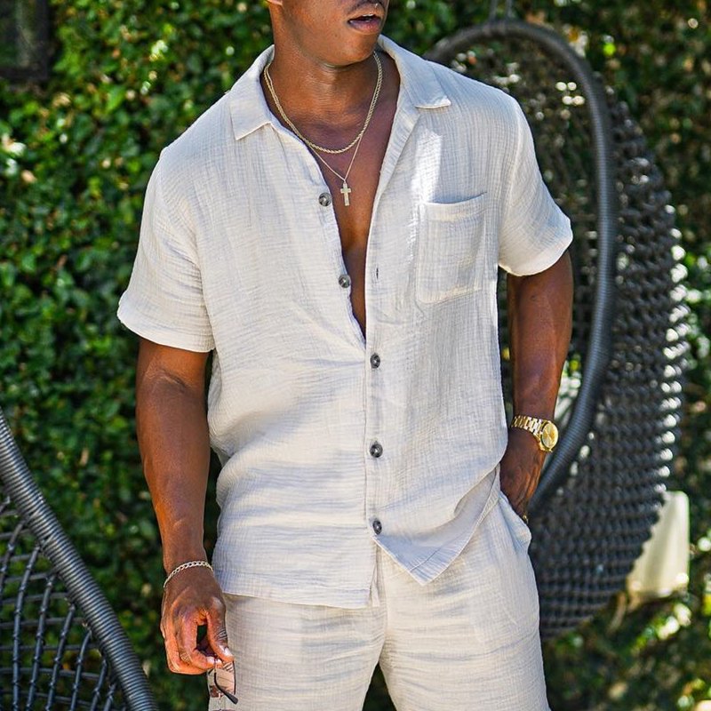 Men’s Cotton Linen Shirt – Solid Color Summer Lapel Tee
