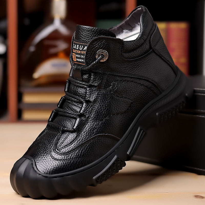 Men’s Top-Layer Cowhide Fleece-Lined Winter Boots