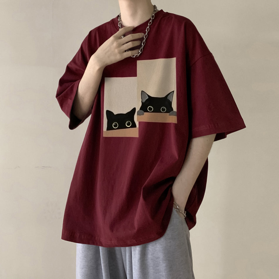 Wine Red Silhouette Loose Short-Sleeve T-Shirt Boys Men