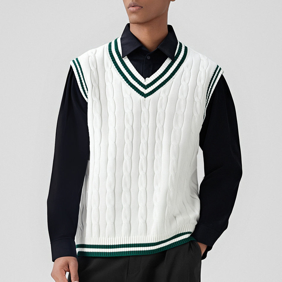 Men’s V-Neck Cable Knit Vest – Winter Sleeveless Pullover