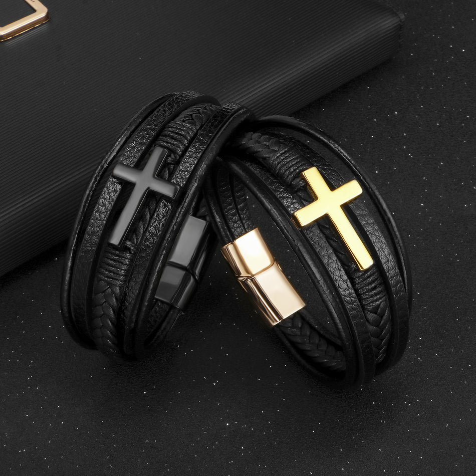 Handmade Leather Cross Bracelet – Multi-Layer Braided Design