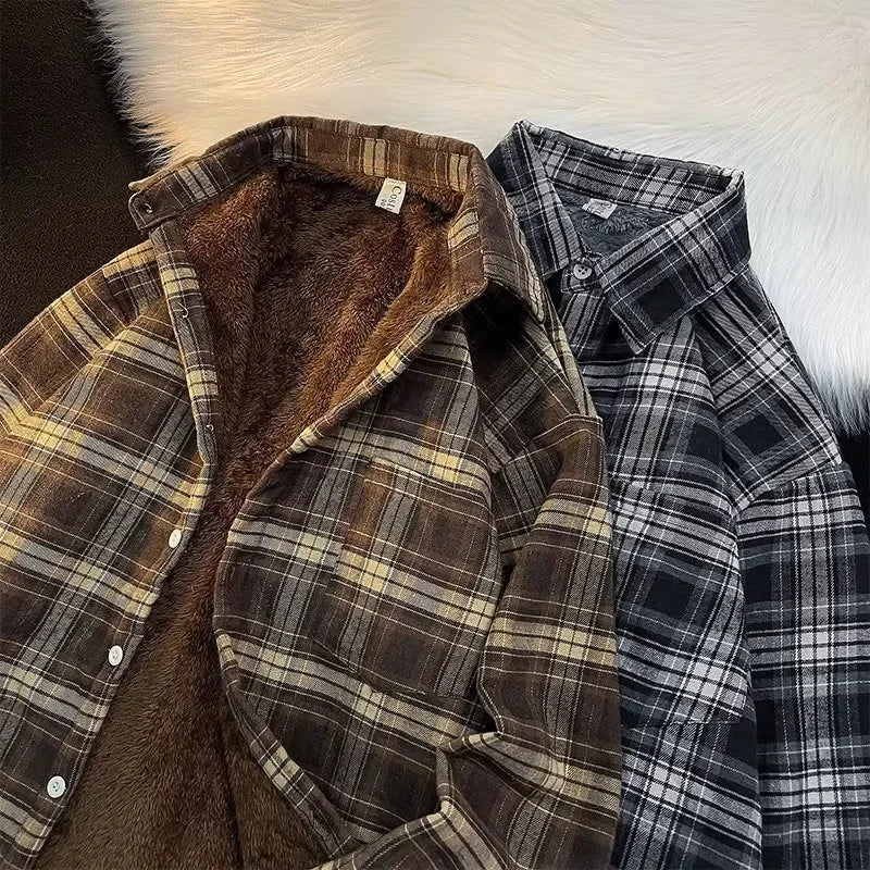 Men’s Retro Plaid Fleece-Lined Shirt – Warm & Casual