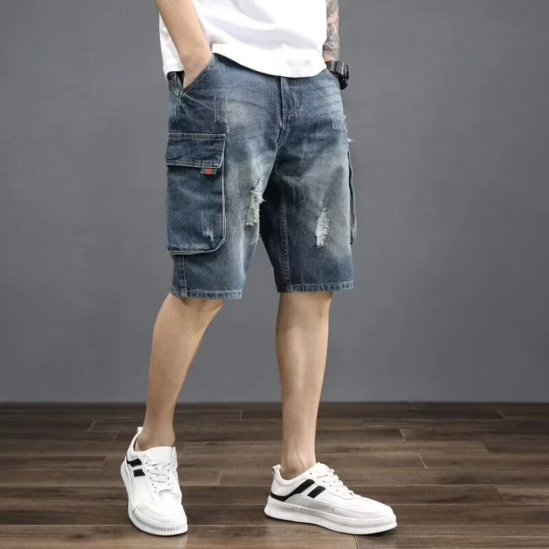 Men’s Summer Loose Denim Shorts Multi-Pocket Workwear