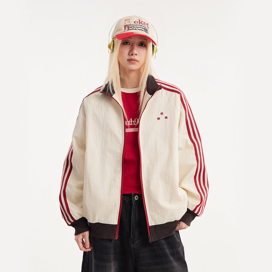 Retro Sports Stripe Jacket – Unisex Stand Collar Outdoor Coat