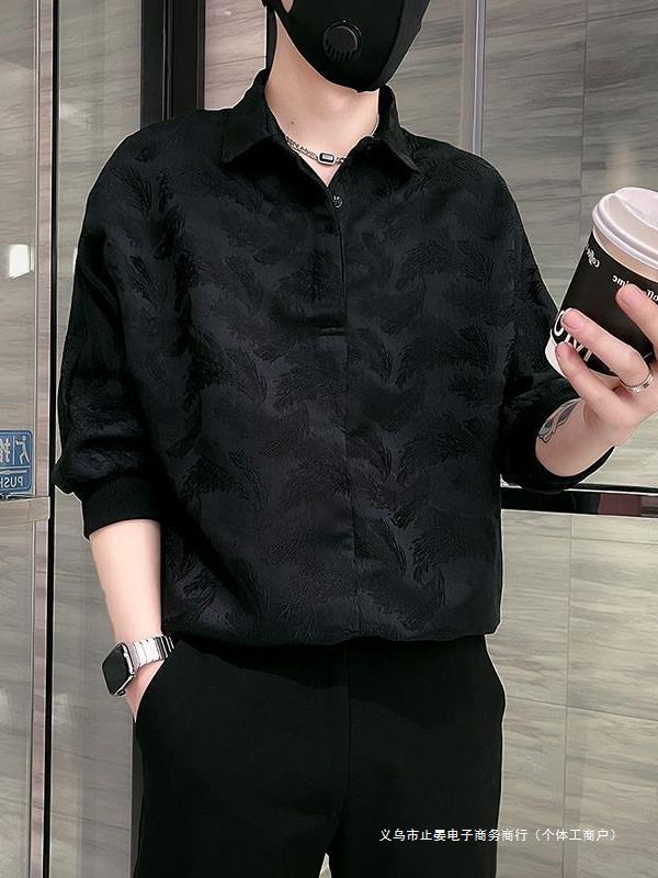 Men’s Ice Silk Jacquard Shirt 3/4 Sleeve Casual Fashion