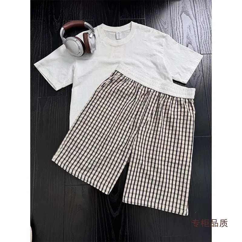 Men’s Summer Seersucker Plaid Shorts | Lightweight Spliced Wide-Leg Casual Straight Pants with Breathable Comfort