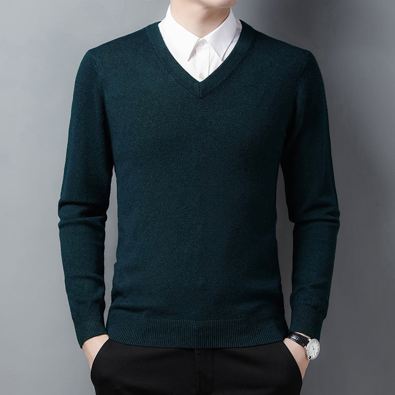 Middle-Aged Men's V-Neck Thick Warm Knitted Sweater