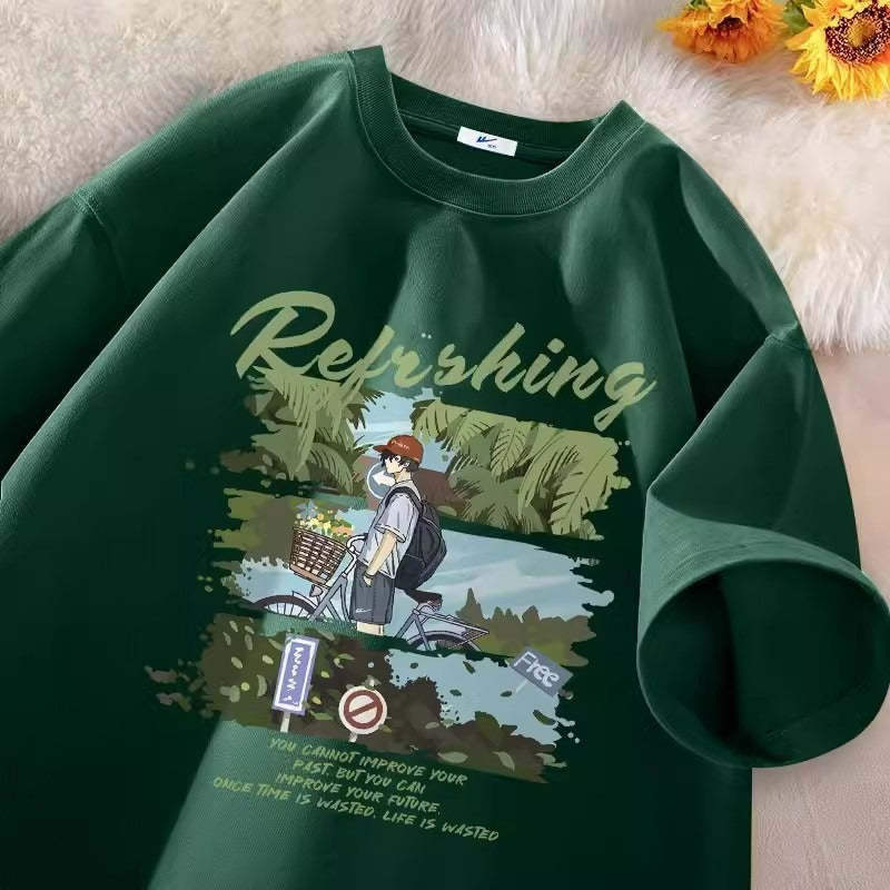 Boys’ Anime Style T-Shirt – Dark Green Summer Cotton