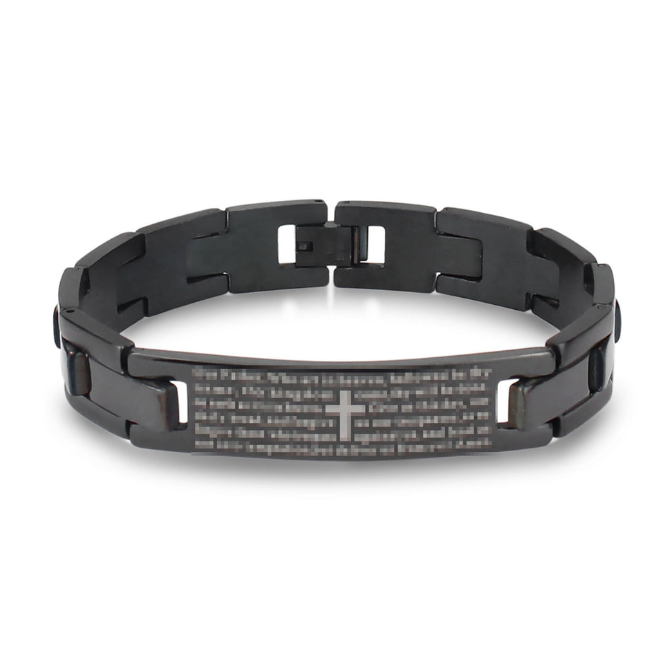 Stainless Steel Cross Bracelet – Black Curved Card Design