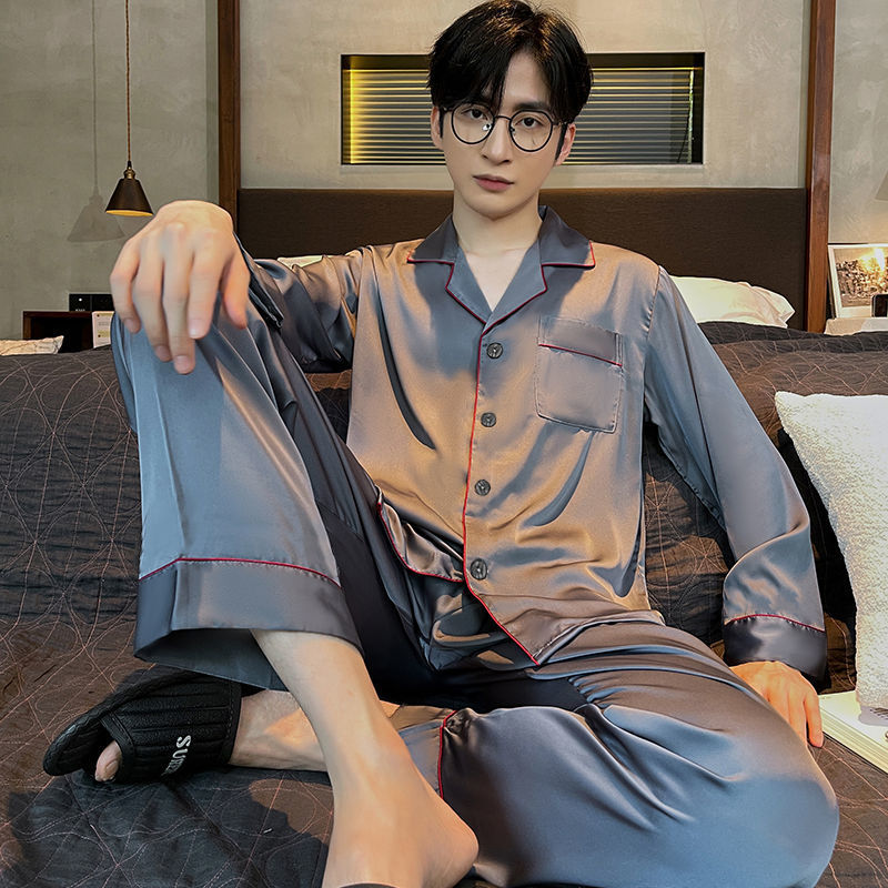 Ice Silk Men’s Pajamas – Long Sleeve Homewear Suit for Summer