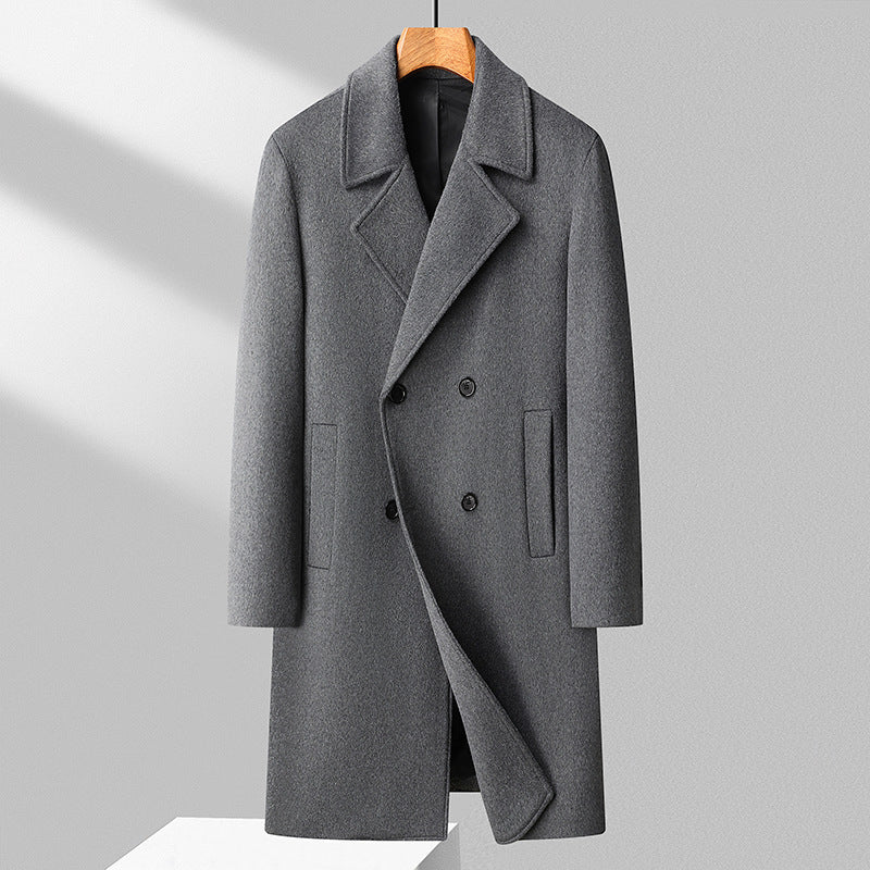 Men’s Mid-Length Double-Breasted Cashmere Coat – Slim Fit Korean Style