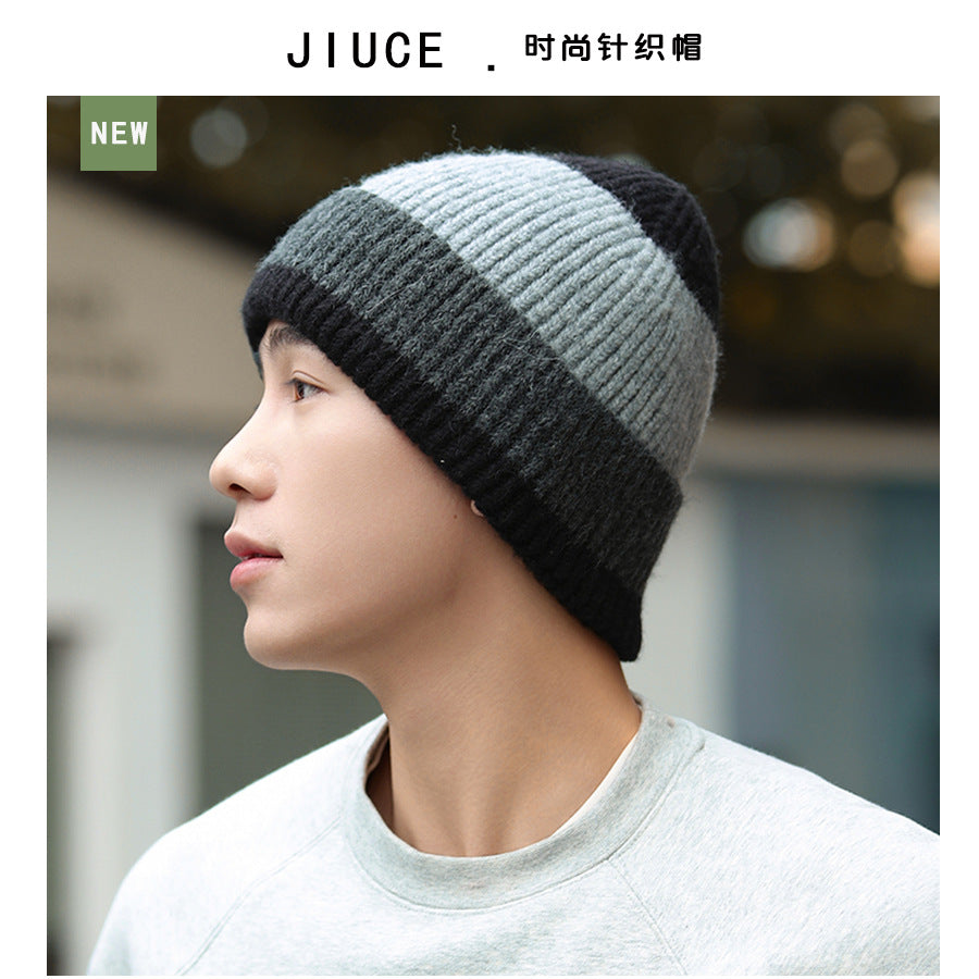 Men’s 2025 Winter Korean Knitted Hat – Thick Wool Color-Block Beanie