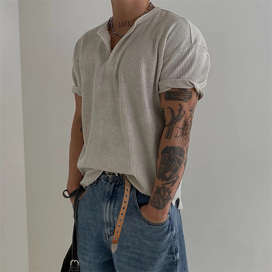 Men’s Henry Collar Waffle Short Sleeve T-Shirt – Summer