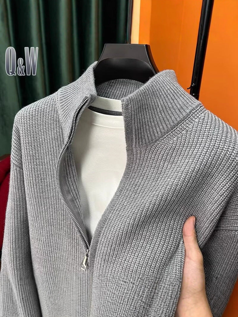 Solid Color Stand-Up Collar Men's Double Zipper Knit Jacket