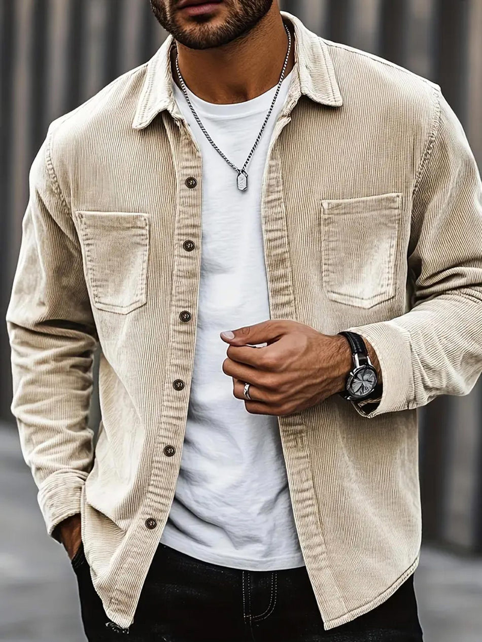 Men's Corduroy Solid Color Long-Sleeve Casual Shirt Jacket