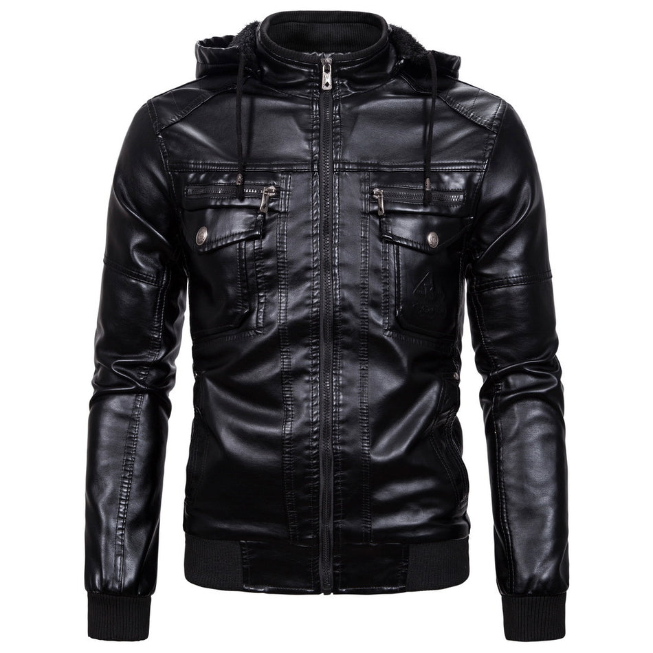 Men’s Fleece-Lined PU Leather Hooded Jacket