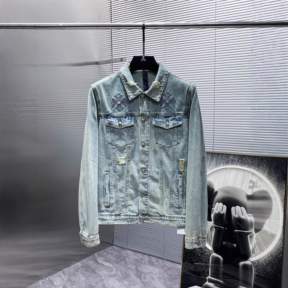 Vintage Embroidered Men’s Denim Jacket – Distressed Cardigan Style
