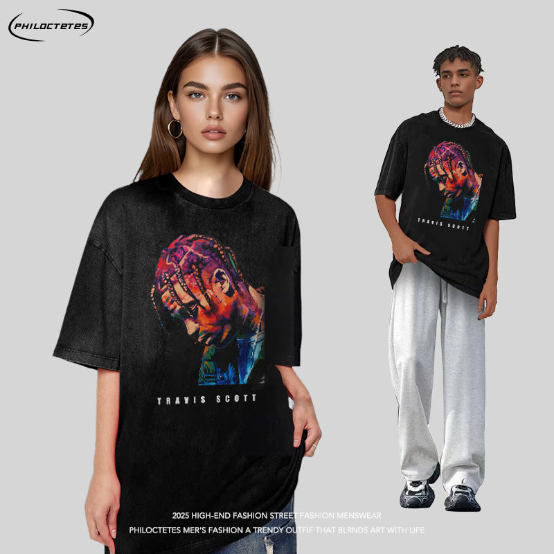 Washed Distressed Dark Rock Print T-Shirt