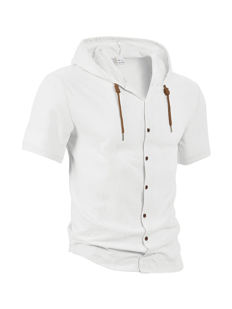 Men's Hooded Cotton Linen Short-Sleeved Cardigan Shirt