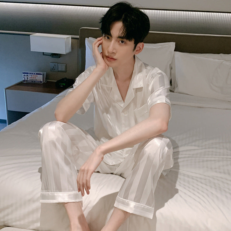 Men’s Ice Silk Pajama Set – White Striped Summer Wear