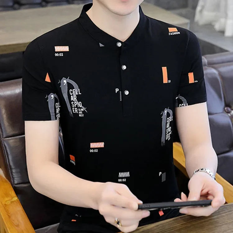 Men’s Cotton T-Shirt – Printed Stand Collar Top