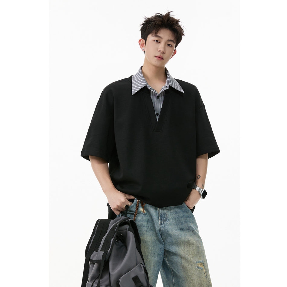 Men’s Fake Two-Piece Collar T-Shirt – Trendy Loose Fit OOTD Style