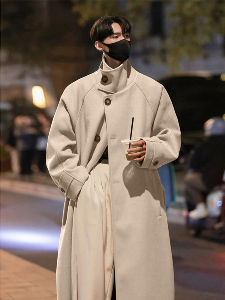 Korean-Style Over-the-Knee Wool Coat for Men