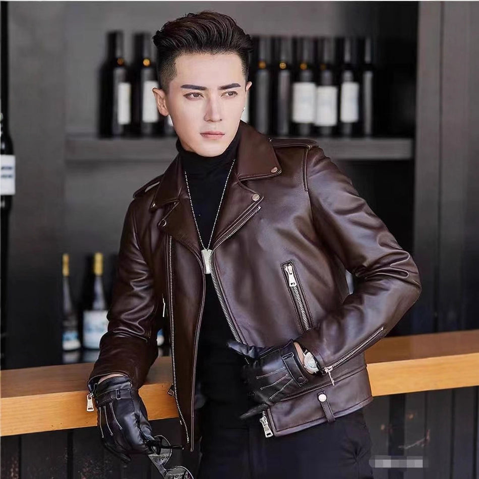2025 Slim Korean Men’s Leather Jacket | Spring Autumn Motorcycle Style