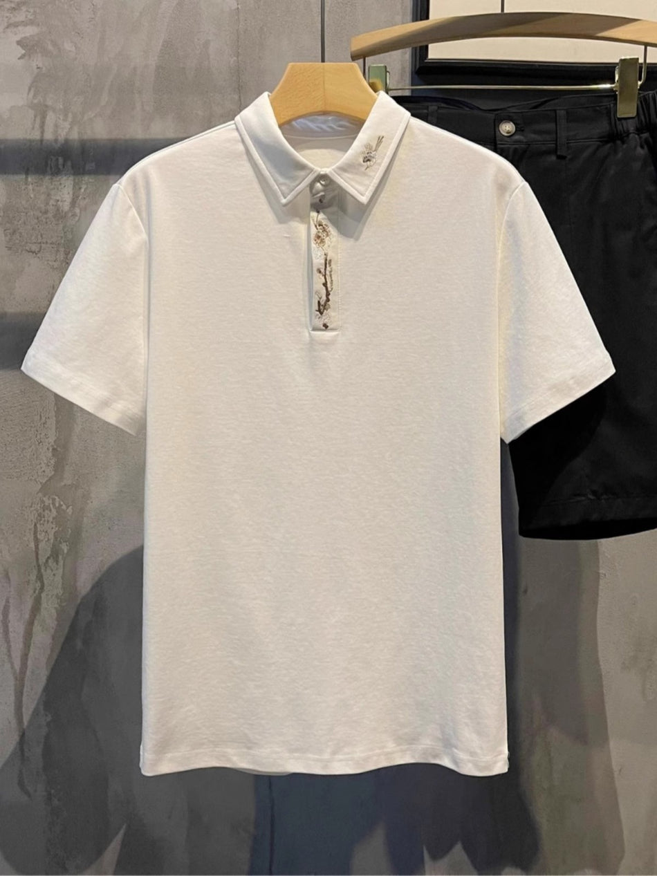 Summer New Men's Short-Sleeved Plum Blossom Lapel Shirt