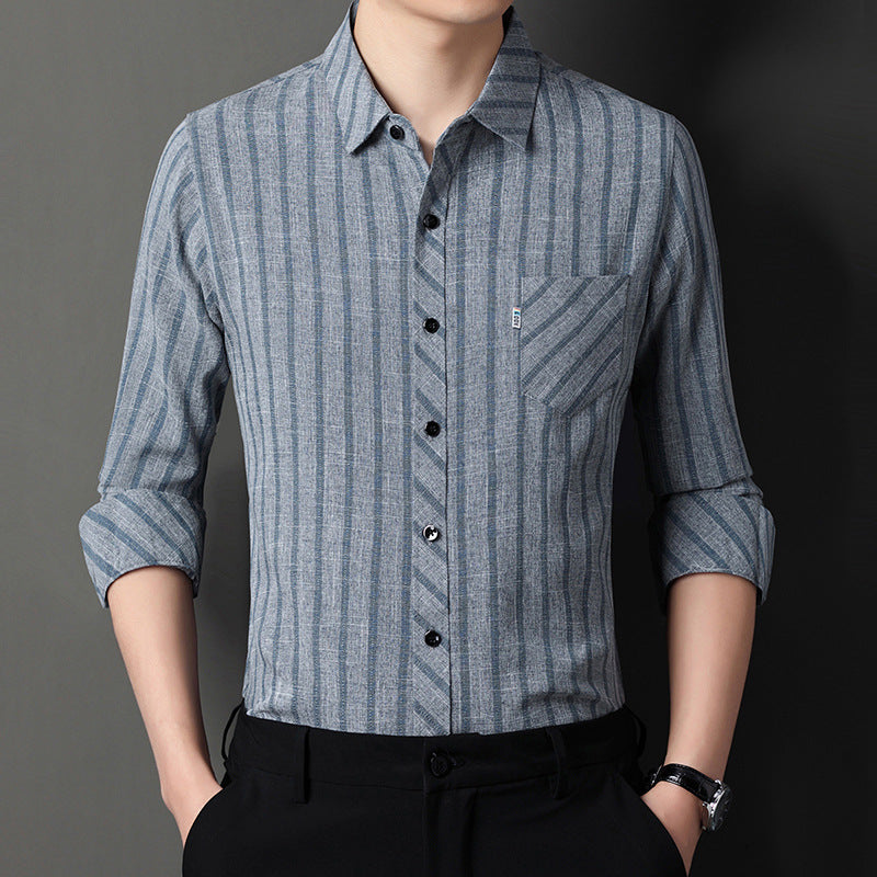 2026 Spring New Men’s Vertical Stripe Long Sleeve Shirt – Casual Breathable Dad Fit Shirt with Real Pockets