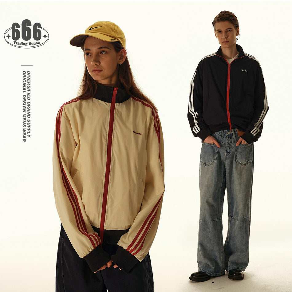 Retro Preppy Color-Block Jacket – Unisex Stand Collar Sports Coat