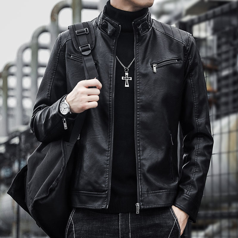 Men’s Fleece-Lined Leather Jacket – Spring Fall Motorcycle