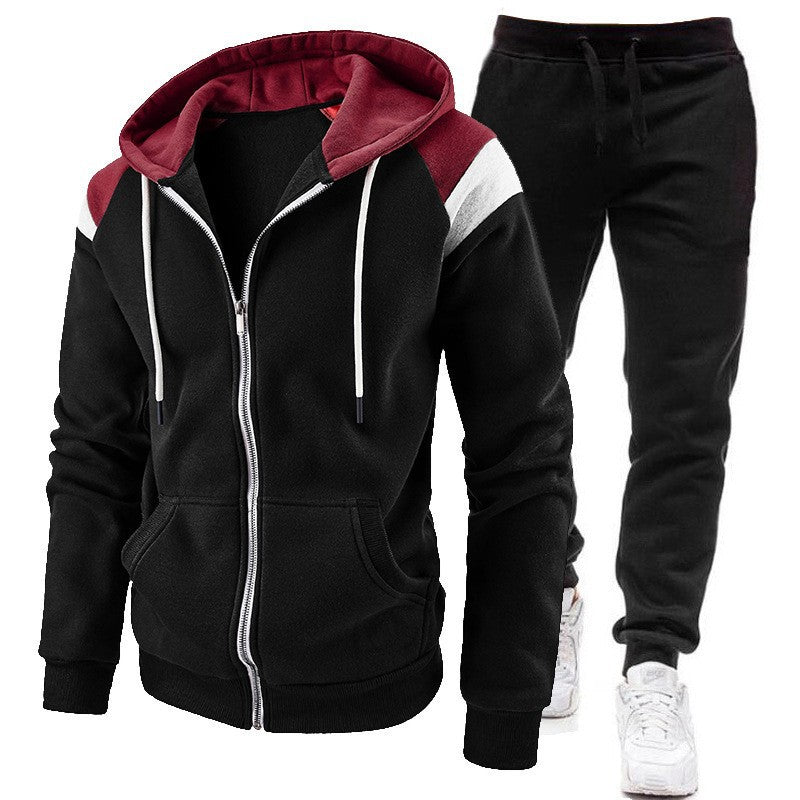 Men’s Velvet Color-Blocked Zipper Hoodie Sweatpants Suit